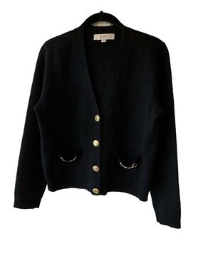LOFT Black Knit Cardigan Jacket Gold Crest Buttons and Horsebit Chain Detail MP